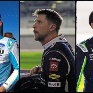 Kevin Harvick (L), Denny Hamlin (C) and Kyle Busch (R)