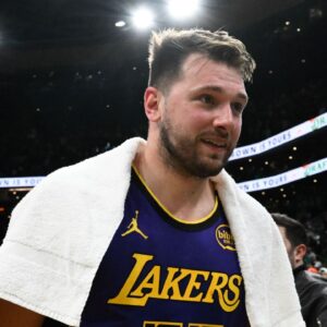 Los Angeles Lakers guard Luka Doncic (77) walks off of the court after a game against the Boston Celtics at the TD Garden.
