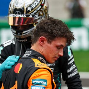GEORGE RUSSELL (GBR) of Mercedes-AMG PETRONAS F1 Team 63 congratulating LANDO NORRIS (GBR) of McLaren Racing 4 during the FORMULA 1 HEINEKEN CHINESE GRAND PRIX 2025 RACE DAY at the Shanghai Audi International Circuit, Shanghai, China on 23 March 2025