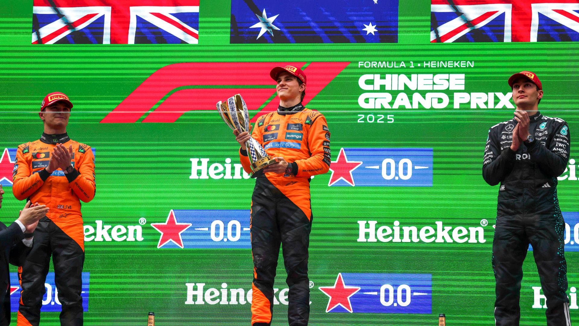 OSCAR PIASTRI (AUS) of McLaren Racing 81 lifting the trophy during the FORMULA 1 HEINEKEN CHINESE GRAND PRIX 2025 RACE DAY at the Shanghai Audi International Circuit