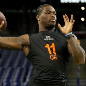 Mar 1, 2025; Indianapolis, IN, USA; Alabama quarterback Jalen Milroe (QB11) during the 2025 NFL Combine at Lucas Oil Stadium.