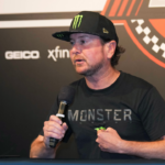 Aug 26, 2023; Daytona Beach, Florida, USA; Kurt Busch address s the media after announcing his retirement prior to the Coke Zero Sugar 400 at Daytona International Speedway. Mandatory Credit: David Yeazell-Imagn Images