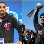 There's a new football lookalike duo in town. Jonas Sanker (L) shook up the football world with his striking resemblance to Super Bowl champion Jalen Hurts (R). Image credits: USA TODAY Sports