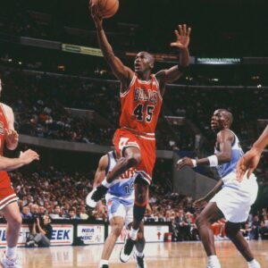 Chicago Bulls guard (45) Michael Jordan wears jersey#45 shortly after his return from a brief retirement following playing baseball against the Cleveland Cavaliers at Gund Arena
