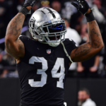 Nov 13, 2022; Paradise, Nevada, USA; Las Vegas Raiders running back Brandon Bolden (34) reacts against the Indianapolis Colts during the second half at Allegiant Stadium.