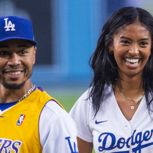 Natalia Bryant with Mookie Betts after throwing the ceremonial first pitch prior to the regular season MLB game between the Los Angeles Dodgers and the Atlanta Braves on Friday, September 1, 2023 at Dodger Stadium in Los Angeles, California.