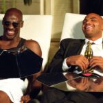 NBA superstars Michael Jordan (left) and Charles Barkley during the filming of a Nike shoe commercial at the Arizona Biltmore