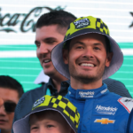 NASCAR Cup Series driver Kyle Larson (5) celebrates with his son after winning the Straight Talk Wireless 400 at Homestead-Miami Speedway.