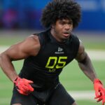Alabama linebacker Jihaad Campbell (LB05) participates in drills during the 2025 NFL Combine at Lucas Oil Stadium.