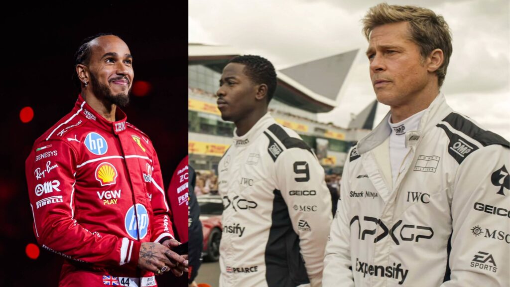 Lewis Hamilton (L), Brad Pitt and Damson Idris in F1's Teaser Trailer (R)