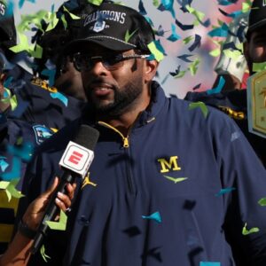 Dec 31, 2024; Tampa, FL, USA; Michigan Wolverines head coach Sherrone Moore celebrates after beating the Alabama Crimson Tide in the ReliaQuest Bowl at Raymond James Stadium.