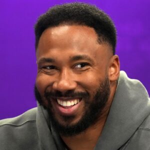 Cleveland Browns defensive end Myles Garrett on radio row at the Super Bowl LIX media center at the Ernest N. Morial Convention Center.