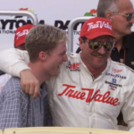 Dale Earnhardt hugs his son, Dale Earnhardt, Jr., in victory lane after winning the International Race of Champions on Feb. 12, 1999 at Daytona International Speedway in Daytona, FL on Friday Feb. 12, 1999.
