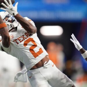 Texas Longhorns wide receiver Matthew Golden (2) makes a catch against the Arizona State Sun Devils during the second half of the Peach Bowl at Mercedes-Benz Stadium.