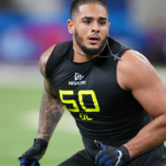 Boise State defensive lineman Ahmed Hassanein (DL50) participates in drills during the 2025 NFL Combine at Lucas Oil Stadium.
