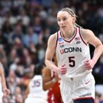 UConn Huskies guard Paige Bueckers (5) runs back on defense against the Oklahoma Sooners during the second half of a Sweet 16 NCAA Tournament basketball game at Spokane Arena