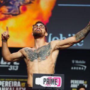 Mauricio Ruffy steps on the scale for the ceremonial weigh-ins at UFC313 - Pereira vs Ankalaev at UFC APEX on March 7, 2025 in Las Vegas, Nevada