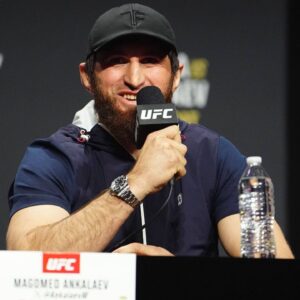 Magomed Ankolev speaks with the press and the spectators for UFC313 - Pereira vs Ankalaev at Mandalay Bay on March 6, 2025 in Las Vegas, Nevada