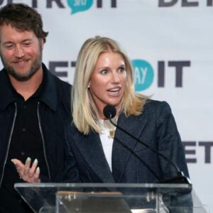 Matthew and Kelly Stafford make remarks before the ribbon cutting for the Kelly and Matthew Stafford and Friends Education Center at the S.A.Y Detroit Play Center in Detroit on Monday, April 1, 2024.