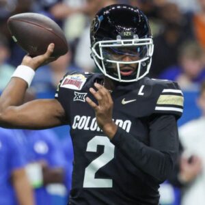Dec 28, 2024; San Antonio, TX, USA; Colorado Buffaloes quarterback Shedeur Sanders (2) attempts a pass during the first quarter against the Brigham Young Cougars at Alamodome.
