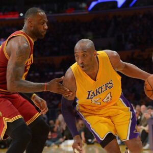 Cleveland Cavaliers forward LeBron James (23) guards Los Angeles Lakers forward Kobe Bryant (24) on the court in the first half of the game at Staples Center.