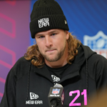 Pen State tight end Tyler Warren speaks to the media at the 2025 NFL Combine.