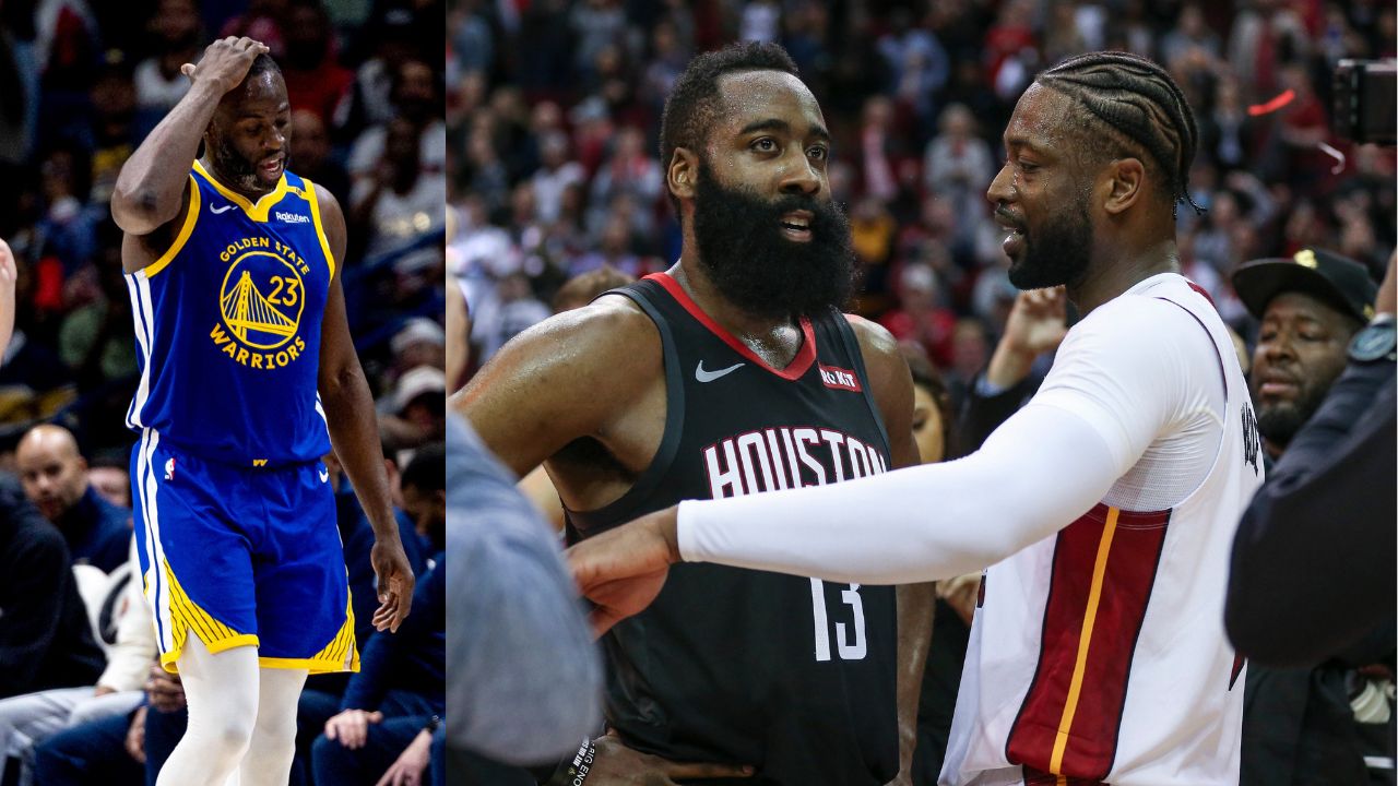 Draymond Green (L), James Harden and Dwyane Wade (R)