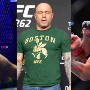 Conor McGregor (L), Joe Rogan (C), Alex Pereira (R)