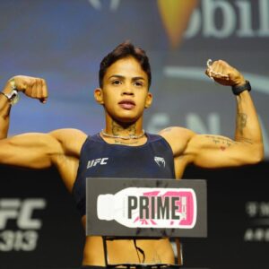 LAS VEGAS, NV - MARCH 7:Iasmin Lucindo steps on the scale for the ceremonial weigh-ins at UFC313