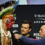 LAS VEGAS, NV - MARCH 7:Alex Pereira speaks with Joe Rogan at UFC313