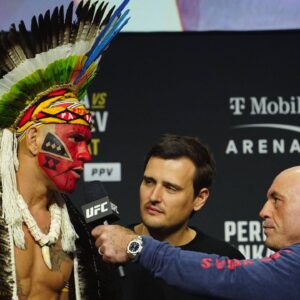 LAS VEGAS, NV - MARCH 7:Alex Pereira speaks with Joe Rogan at UFC313