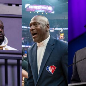 Shaquille O'Neal (L), Michael Jordan (C), Junior bridgeman (R)