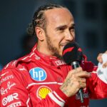 Lewis Hamilton of Great Britain and Scuderia Ferrari celebrates his sprint pole during Sprint Qualifying ahead of the F1 Grand Prix of China at Shanghai International Circuit