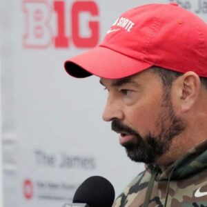 Ohio State head coach Ryan Day speaks to the meeting during a press conference before the start of spring football at the Woody Hayes Athletic Center on March 7, 2025.