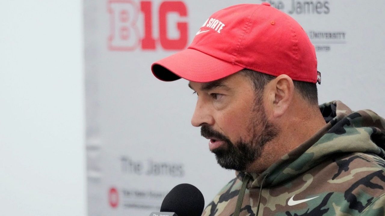 Ohio State head coach Ryan Day speaks to the meeting during a press conference before the start of spring football at the Woody Hayes Athletic Center on March 7, 2025.