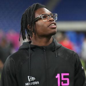 Colorado defensive back Travis Hunter (DB15) looks on during the 2025 NFL Scouting Combine at Lucas Oil Stadium.