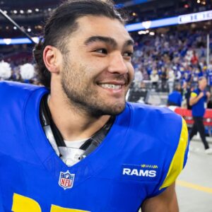 Los Angeles Rams wide receiver Puka Nacua (17) celebrates after defeating the Minnesota Vikings during an NFC wild card game at State Farm Stadium.
