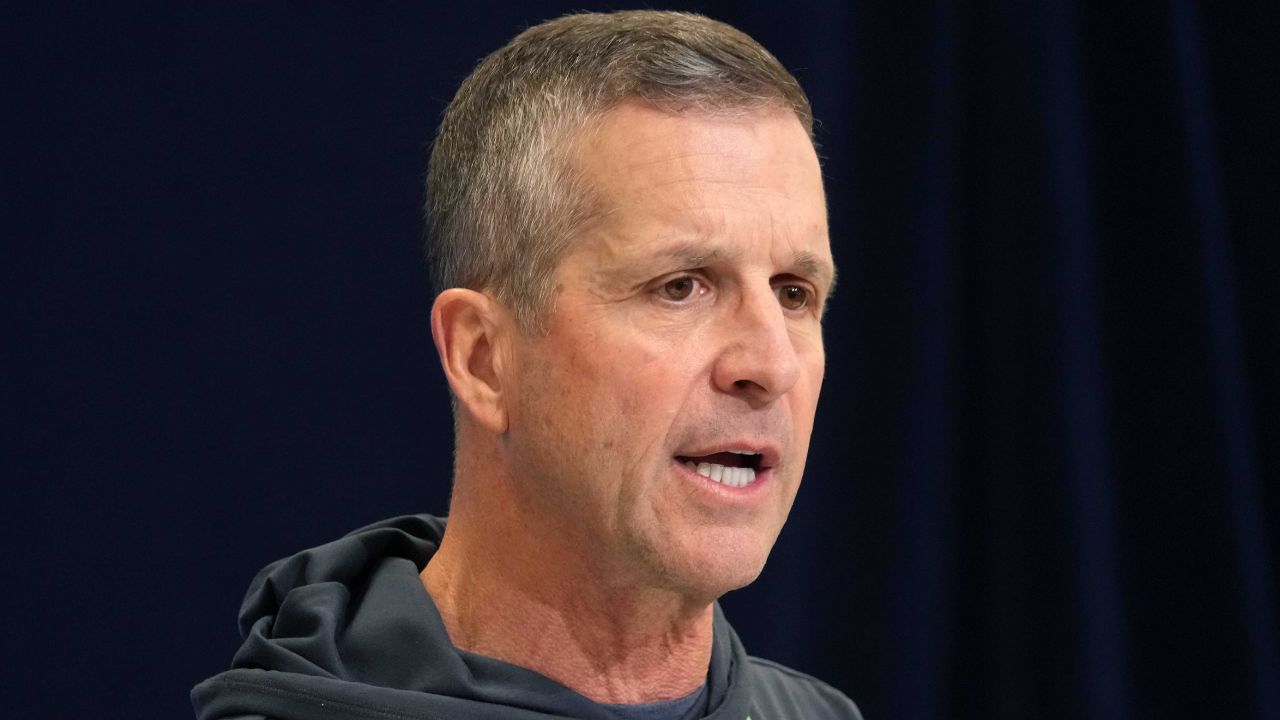 Baltimore Ravens coach John Harbaugh speaks during the NFL Scouting Combine at the Indiana Convention Center.