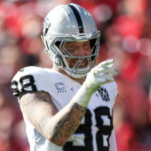 Dec 8, 2024; Tampa, Florida, USA; Las Vegas Raiders defensive end Maxx Crosby (98) celebrates after a sack against the Tampa Bay Buccaneers in the second quarter at Raymond James Stadium.
