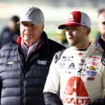 Feb 14, 2024; Daytona Beach, Florida, USA; NASCAR Cup Series driver William Byron (24) and Rick Hendrick (left) walk on pit row during qualifying for the Daytona 500 at Daytona International Speedway. Mandatory Credit: Mark J. Rebilas-Imagn Images