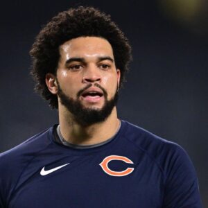 Chicago Bears quarterback Caleb Williams (18) warms up before the game against the Seattle Seahawks at Soldier Field.