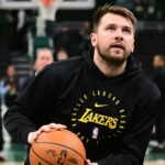 Los Angeles Lakers guard Luka Doncic (77) warms up before a game against the Milwaukee Bucks at Fiserv Forum