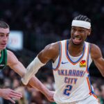 Oklahoma City Thunder guard Shai Gilgeous-Alexander (2) drives the ball against Boston Celtics guard Payton Pritchard (11) in the third quarter at TD Garden.