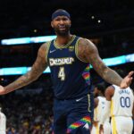 Denver Nuggets center DeMarcus Cousins (4) reacts to a foul in the second quarter against the Golden State Warriors of the first round for the 2022 NBA playoffs at Ball Arena.