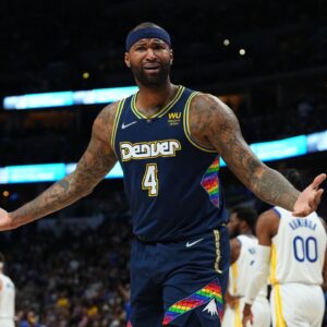 Denver Nuggets center DeMarcus Cousins (4) reacts to a foul in the second quarter against the Golden State Warriors of the first round for the 2022 NBA playoffs at Ball Arena.