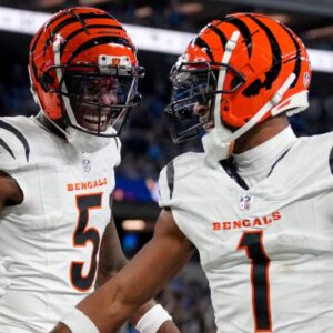 Cincinnati Bengals wide receivers Tee Higgins (5) and Ja'Marr Chase (1) celebrate a touchdown during a game on Nov. 17, 2024.