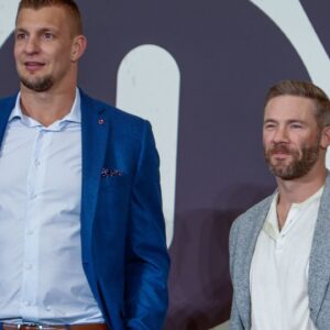 Fox NFL analyst Rob Gronkowski and kickoff analyst Julian Edelman during a Fox Sports media party in advance of Super Bowl LIX at Convention Center.
