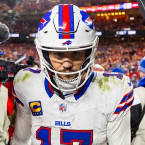 Jan 26, 2025; Kansas City, MO, USA; Buffalo Bills quarterback Josh Allen (17) reacts as he walks off the field after losing to the Kansas City Chiefs during the AFC Championship game at GEHA Field at Arrowhead Stadium.