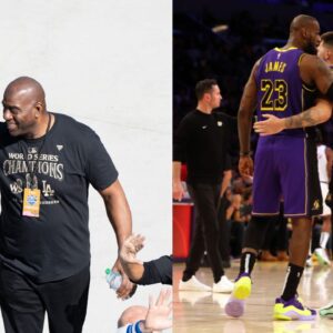 Magic Johnson (L), LeBron James and Luka Doncic (R)