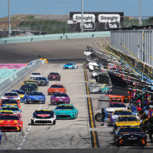 NASCAR Cup Series driver Chase Elliot (9) races NASCAR Cup Series driver Tyler Reddick (45) and the field off of pit road during the Straight Talk Wireless 400 at Homestead-Miami Speedway.